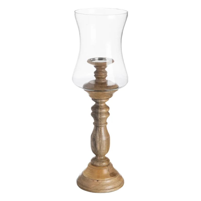 Portavelas natural cristal y madera 20 x 20 x 68